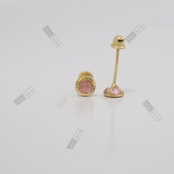 14K Solid Yellow Gold Round Pink CZ Stud Earrings • 4mm Feminine Elegant Design. - Picture 5 of 9